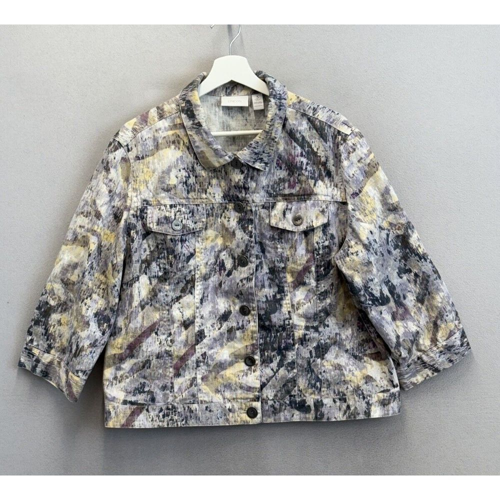 Chicos Women Sz 3 (XL)Purple Yellow Geometric Linen Blend Button Up Denim Jacket